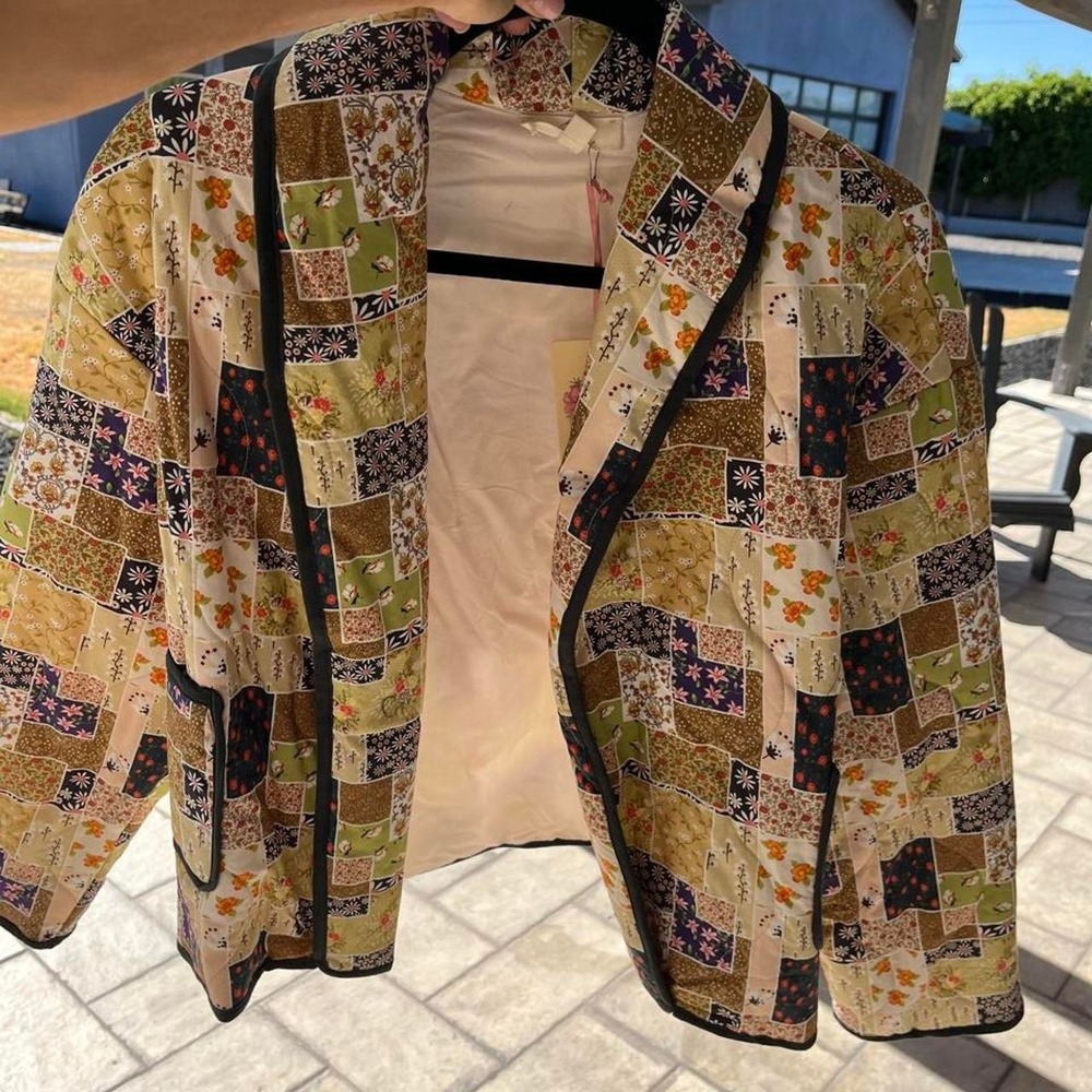 Entro Boho Preppy Green Brown Cream Patchwork Lightweight Jacket Size L - Picture 2 of 4